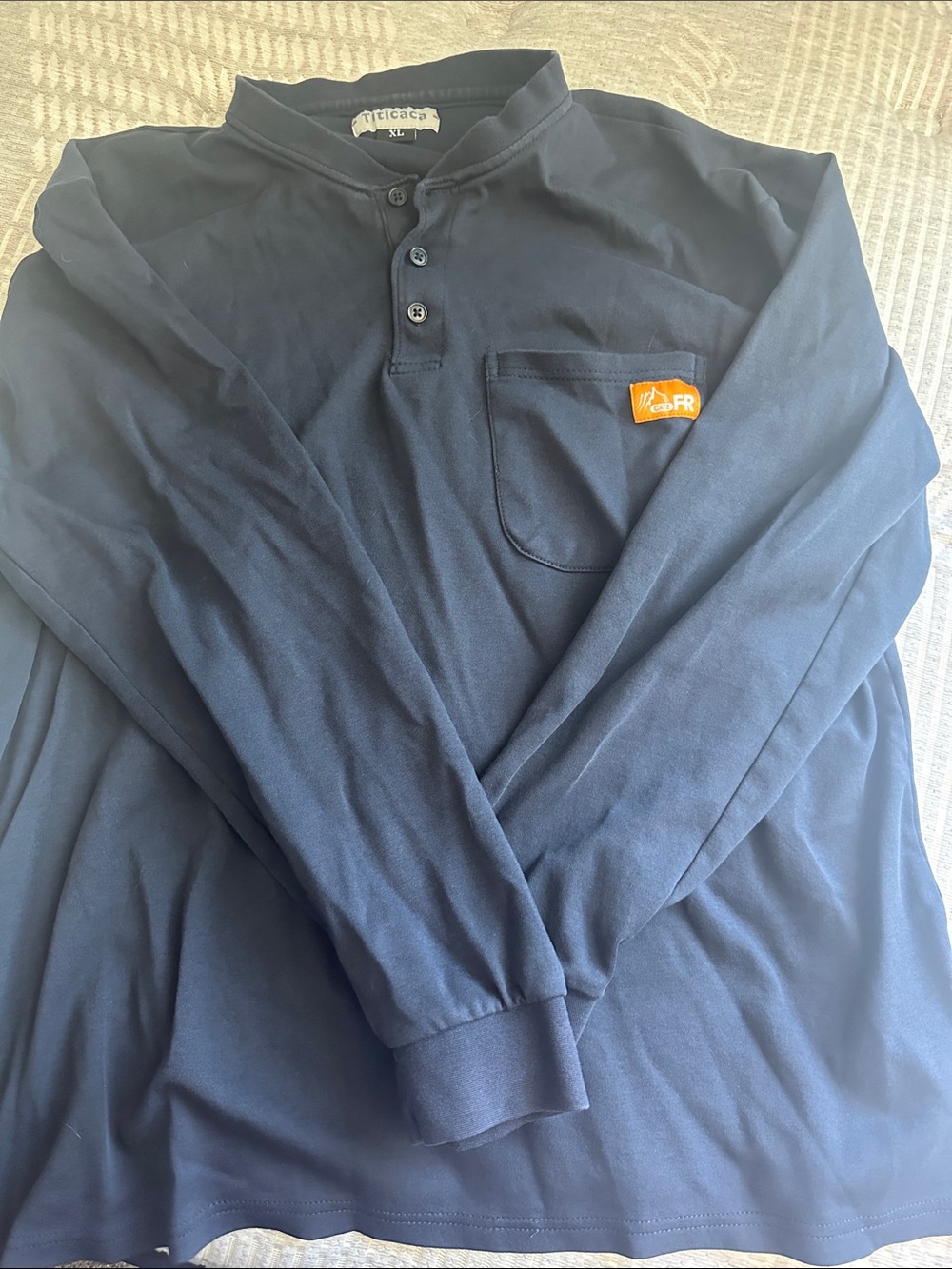 Men's Navy Long-Sleeve Henley Shirt with Pocket - FR Patch